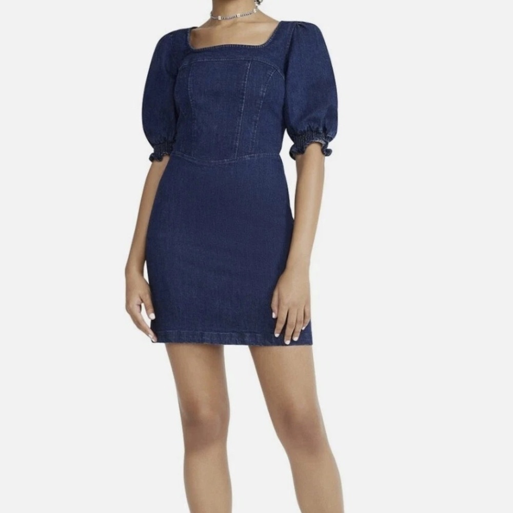 Betsey Johnson Denim Dress XL Puff Sleeve Coastal Cowgirl Heart Zipper Y2K Boho
